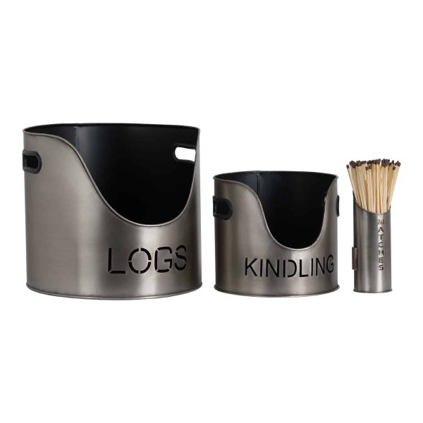 Pewter Finish Logs And Kindling Buckets & Matchstick Holder - Jaro Design Studio - 1