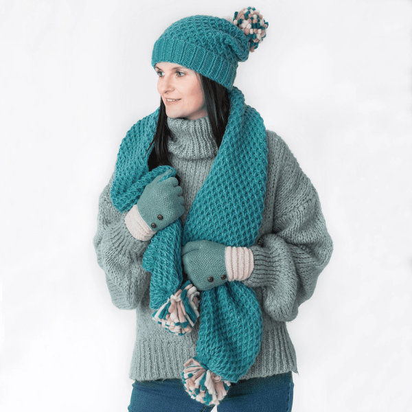 Ella Knitted Pom Pom Scarf, Teal - Jaro Design Studio - 1