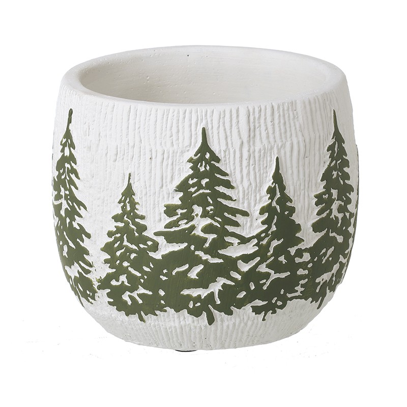 White / Green Pine Tree Design Planter, Small